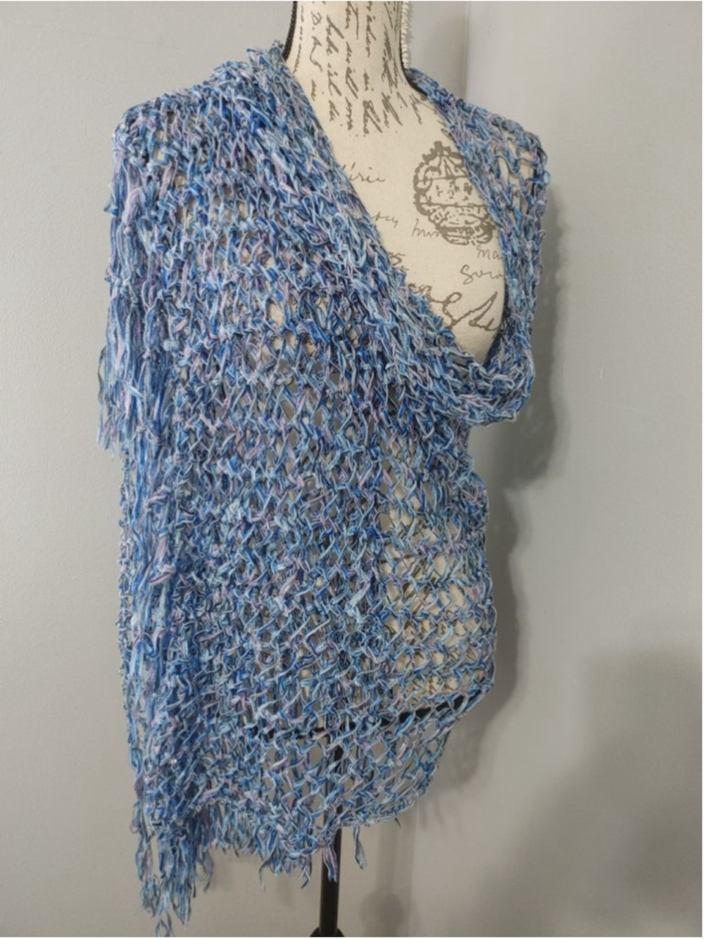 Women's Handmade Knitted Blue Purple Open Knit Scarf & Wrap Beaded Fringe